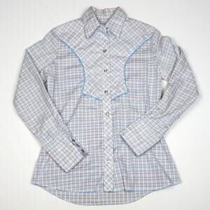 Vintage Wrangler Pearl Snap Shirt Womens Large Blue Plaid 70s USA